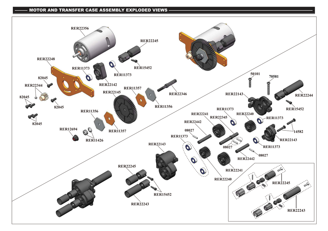 Redcat Ascent Parts Diagram Exploded View - Motor and Transfer Case